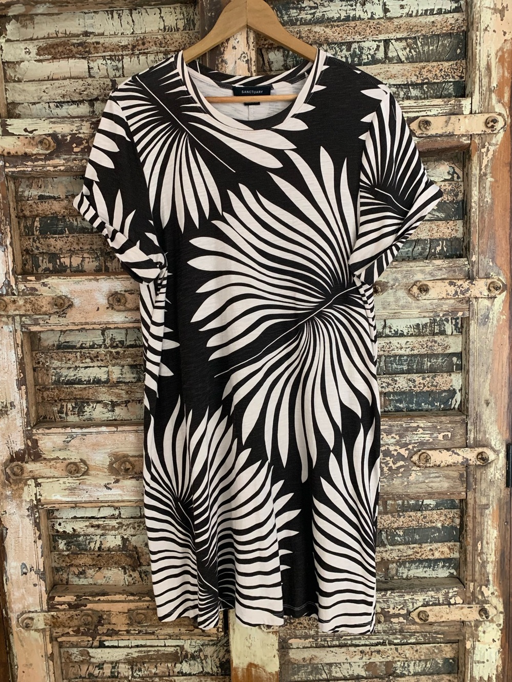 Sanctuary Anthropologie Mesa Palm Tropical Print T-Shirt Dress Brown & Cream, XL